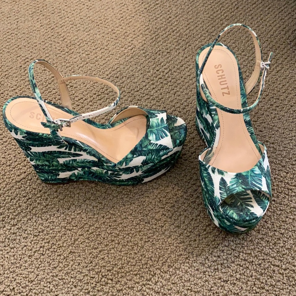 Schutz Palm Print Wedge